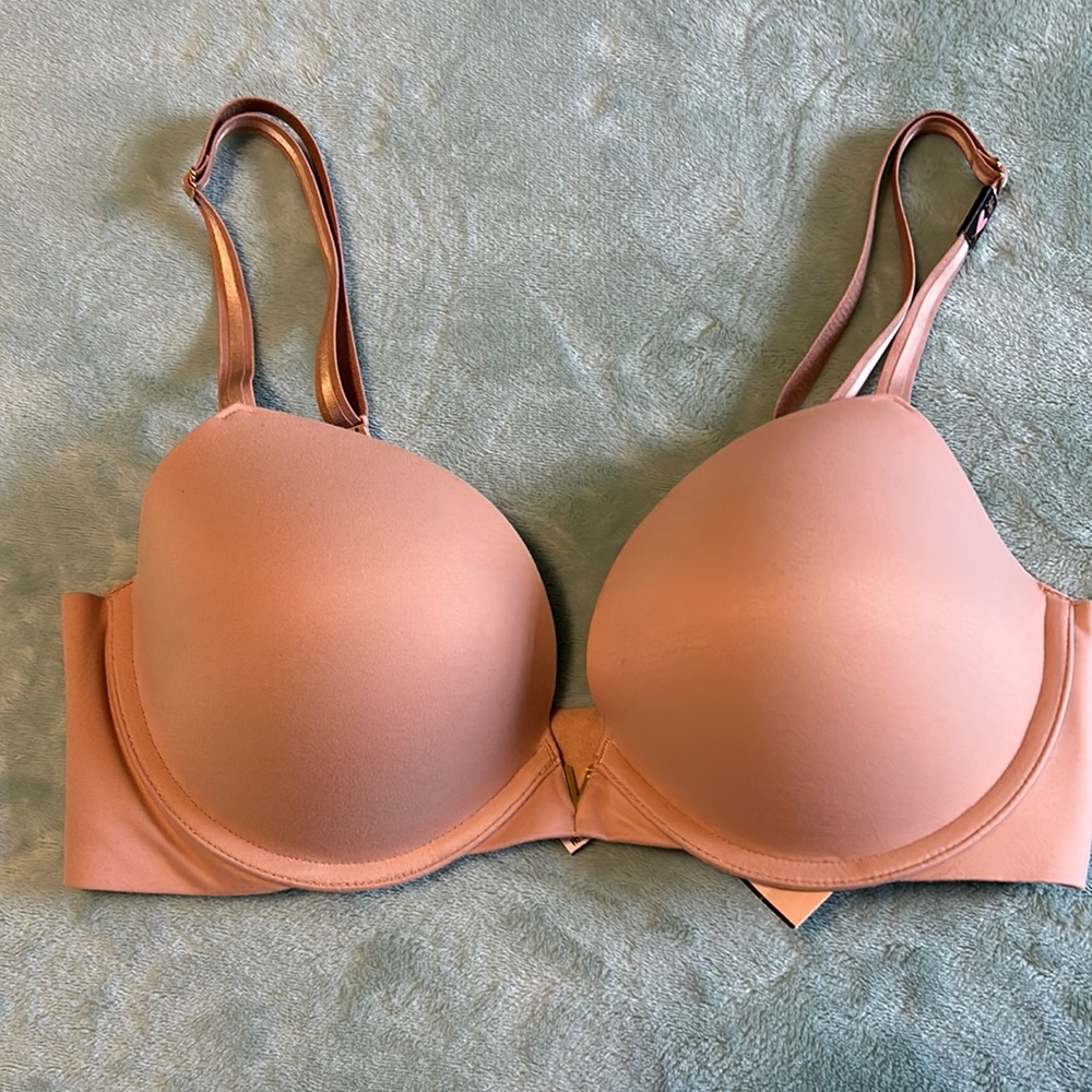 Victoria's Secret Center Gold V 34D Padded Push Up Bra Smooth Back nude Sexy